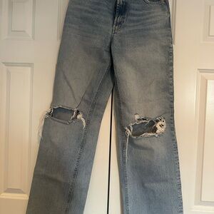 Zara Light Blue Ripped Straight-Leg Jeans